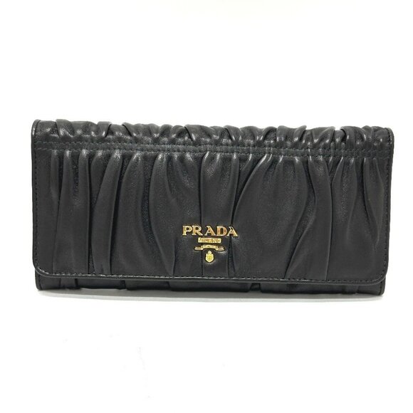 PRADA 1M1132 Logo Gather Two fold Long Wallet Leather Black - Picture 1 of 16